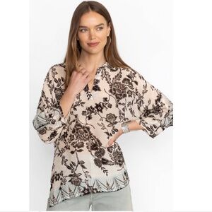 Johnny Was Marlow Blouse Popover V-neck Floral Black, White, Blue XL